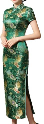 CAEITLRSO Verde Mujeres Chino Cheongsam Flores Diseño Señora Cheongsam Estilo Chino Dividir Boda Tradicional Qipao Vestido Ropa Femenina,Verde,L
