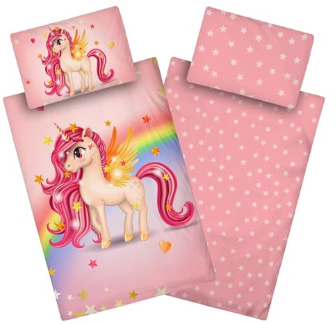 Aminata kids sängkläder enhörning 100 x 135, 40 x 60 cm flicka bomull rosa med YKK-dragkedja – barnsängkläder med regnbåge och stjärnor, rosa rosa – babysängkläder enhörningmotiv, hästar