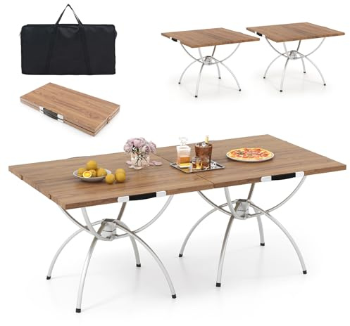 KOMFOTTEU 2 in 1 Campingtisch ausziehbar, Klapptisch Anschließbarer Picknicktisch aus Aluminiumgestell & Holz, Gartentisch Reisetisch 120 x 60cm inkl. Tragetasche