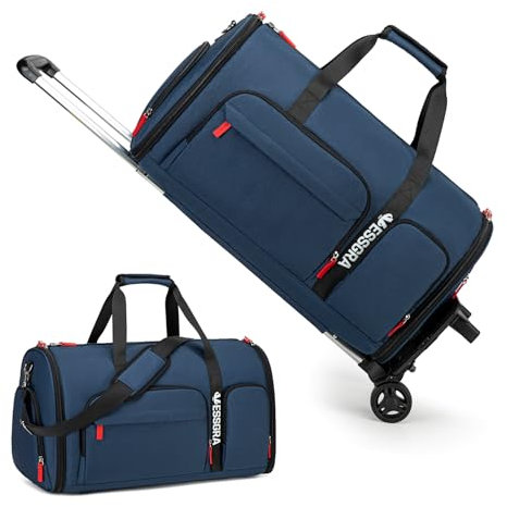 Kleidersack mit Rollen, Vessgra Reisetasche mit Rollen, Umwandelbare Kleider Duffel Tasche mit Schuhfach, Rollender Duffel Bag mit abnehmbarem Trolley System (Blau)