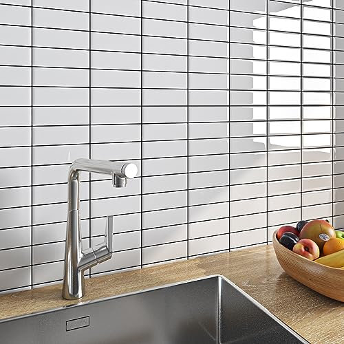 FunStick Azulejos de Vinilo Autoadhesivo Baño Pegatinas Pared Blanco Rectangular Vinilos de Cocina Decorativos Color Blanco Azulejos 3D Papel Tapiz 30x30CM 5 Baldosas Vinilicas Adhesivas Pared Cocina