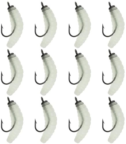 YINETTECH 12 Stück Gummimaden Angelköder 20 Mm Gummiköder Würmer mit Haken Zum Angeln von Süß- Und Salzwasserfischen Forellen Crappies Pfannenfischen Noctilluzent