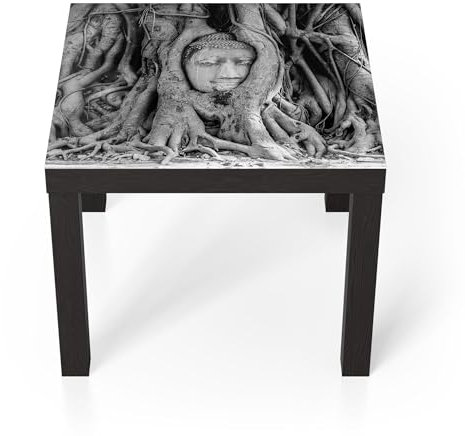 DEQORI Glastisch | schwarz klein 55x55 cm | Motiv Buddha in Wurzeln | ausgefallener Beistelltisch aus Glas | Hochglanz Couchtisch fürs Wohnzimmer | moderner Couch Tisch mit Design