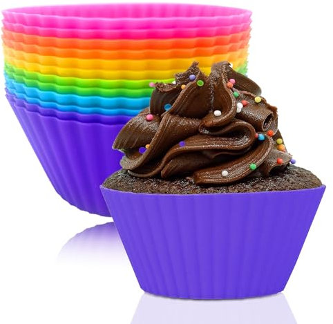 12 Piezas Moldes de Silicona para Muffins, Moldes Silicona Reposteria, Moldes para Magdalenas con Recubrimiento Antiadherente, Moldes para Muffins para Pasteles, Crema y Pudín, Multicolor