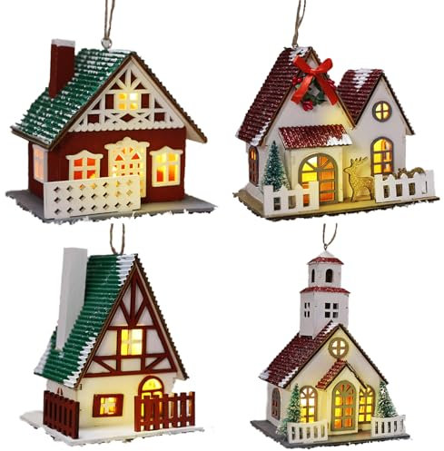 Weihnachtsdorf mit Beleuchtung, Weihnachtsdeko Holz Weihnachtsdorf Deko Häuser mit LED Licht, Hängend Weihnachtshäuser Deko Holzhaus Winterhaus Beleuchtet Weihnachtshaus für Weihnachten Deko (4 Stück)