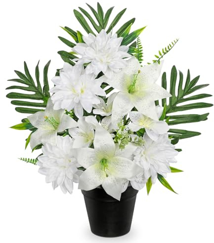 Oairse Artificial Cemetery Flowers in Pot Funeral Flowers Arrangements 18.8in Silk White Potted Lily Dahlia Memorial Flower for Grave Cemetery Headstones Outdoor Decoration