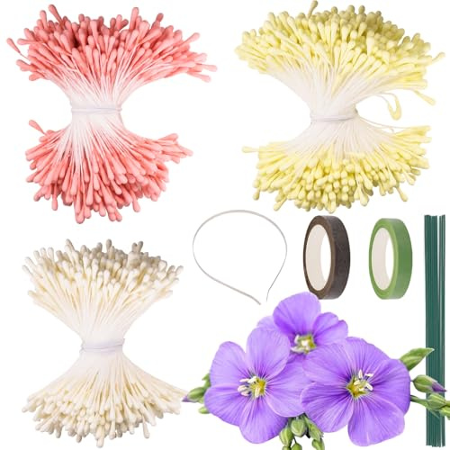 Fzyisw 1200 Stück Pfeifenreiniger Blumen Staubblätter mit Zwei Perlen Köpfen, DIY Künstliche Staubblatt Pfeifenreiniger Zubehör mit Rollen Floristenband, Blumendraht Grün, Metall Stirnband