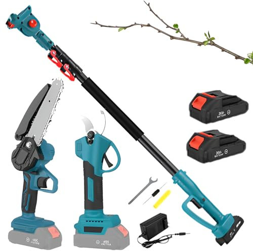 Scie à perche sans fil, 3 en 1 scie à haute branche avec tronçonneuse sans balai, cisaille élagueuse, tige télescopique de 2 m, batterie et chargeur inclus pour l'élagage et la taille des arbres