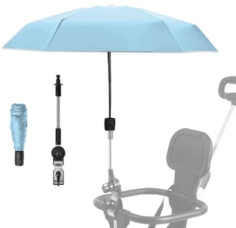 Ombrellone per carrozzina, con clip, angolo di sterzata regolabile, protezione completa con clip, comodo e leggero, per protezione solare, leggero, facile da installare, ombrello per passeggino (blu)