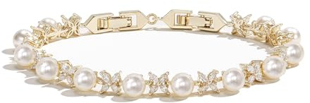 EVER FAITH Zirkonia Creme Faux Perle Tennis Armband Klar Marquise Zirconia florale Braut Prom Armkette für Damen Hochzeit Schmuck Braut Klar Gold-Ton