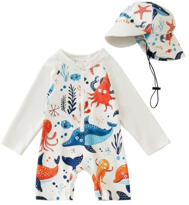 WYTbaby traje de baño de una pieza para bebé, ropa UV de manga larga, protección UV, para bebé, con sombrero de sol, blanco, 3-6 meses