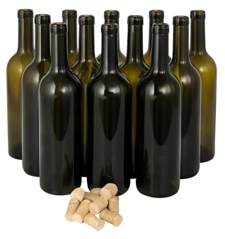 Botellas Vacías para Vino de Cristal Ámbar 750 ml con Corcho Cónico Natural - 12 unidades – Tipo Bordelesa – Reutilizables para Kombucha, Licores o Fermentados –También Pack de 6 y 24 unidades.