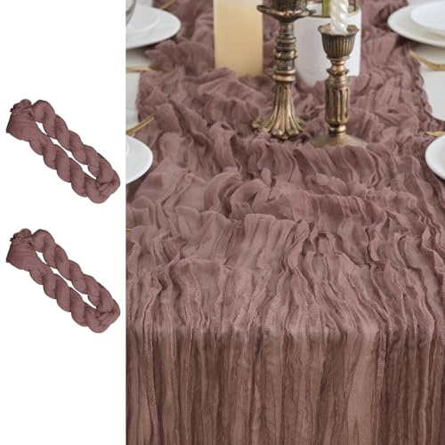LUKDUNG 2 Stück Tischläufer, Seihtuch Tischläufer, Boho Gaze Stoff Käsetuch, Rustikaler Tischdecke für Hochzeitsdeko Tischdeko, 90 x 300 cm (Dunkelbraun Rot, 90 x 300 cm, 2 Stück)