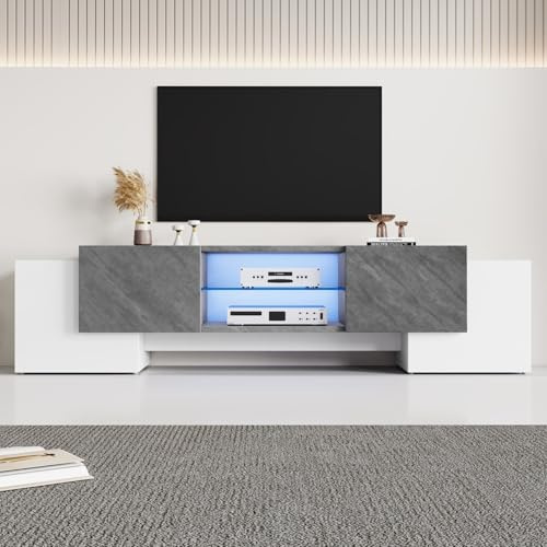 KOMHTOM Meuble TV Moderne avec éclairage LED, Console TV avec Rangement, Meuble de Salon avec étagères en Verre, pour Salon, Chambre à Coucher (Blanc + Gris-A)