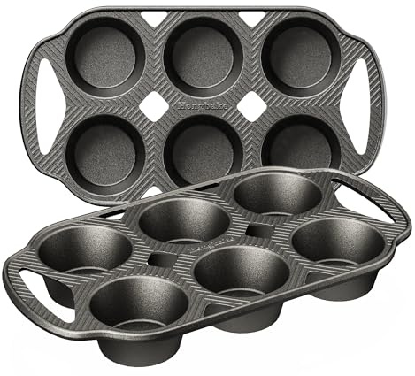 HONGBAKE Everline Collection Cast Iron Muffin Pans, Non toxic Uncoated 6-Cup Muffin Tins, Non-Stick Pre-Seasoned Cupcake Tray Pan Set for Baking, Oven & Stovetop Safe, Standard Size, 2 Pack