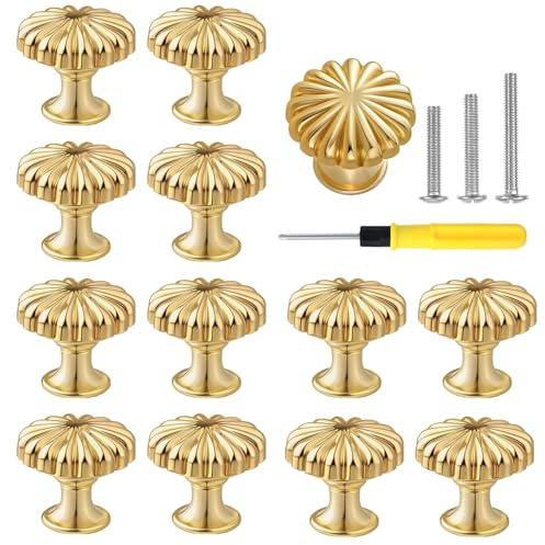 twirush 12 Pack Gold Drawer Knobs, Pumpkin Shaped Gold Cabinet Knobs, Single Hole Round Hardware Cupboard Knob, Wardrobe Door Knob with 36 Screws, Furniture Knob for Cabinet Drawer Wardrobe(27x30mm)