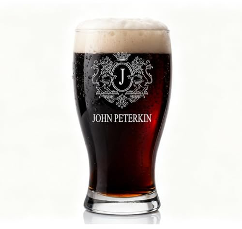 ukgiftstoreonline Personalized Tulip Beer Glass with Crest Initial and Name Engraving, Crystal Glass, 16cm Height, 550ml Capacity, Gift Box