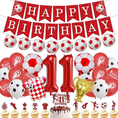 Football 11th Birthday Decorations Boy - 38 Pcs Red Party Decoration Including Happy Birthday Banner, Soccer Trophy Balloons, Number 11 Balloon and Cupcake Toppers for Boys Football Party Supplies