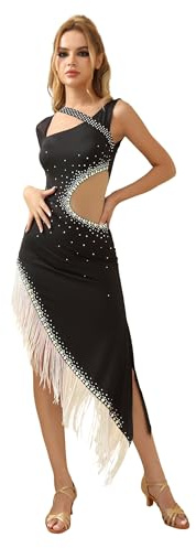 ROYAL SMEELA Vestido De Baile Latino Flecos para Mujer, Vestido Flecos Salsa,Vestidos De Tango Rumba Samba Latina Strass,Mangas Irregulares,Negro