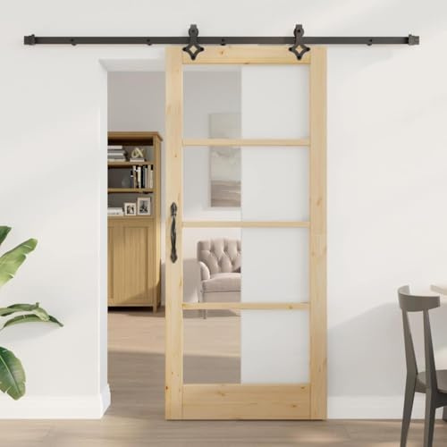 QJBSAVVA Schiebetür Kiefer massiv geölt 86 x 198,5 cm Holz Metall Modernes Design Raumsparende Lösung für Wohnzimmer Esszimmer Flur Schlafzimmer Einfach Montage