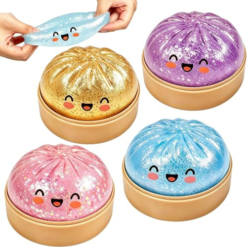 Glitter Dumpling Squishy, 4Pcs Dumplings Squishy Mystery Box, Stressball Fidget Toys, Sensorik Anti Stress Spielzeug Squishies für Kinder Erwachsene Autismus Stressabbau Geschenke