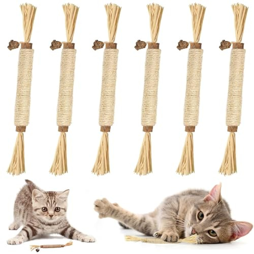 HUZNA 6 Pezzi Bastoncini Matatabi per Gatti, Giochi Masticabili in Legno Naturale e Sisal per Igiene Dentale, Snack Naturale Pulizia Denti e Sollievo dallo Stress