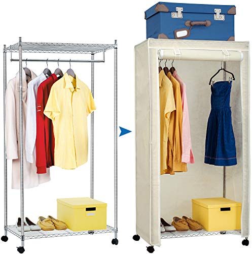 art moon Buffalo Schwerlast Faltschrank Kleiderschrank, Stabil Kleiderschrank auf Rollen mit 2 Ablagen, Stange und Schutzhülle, er kann 20 Kleiderbügel und 70 kg Lasten, Stahl,Textil Crème,75x45x150CM
