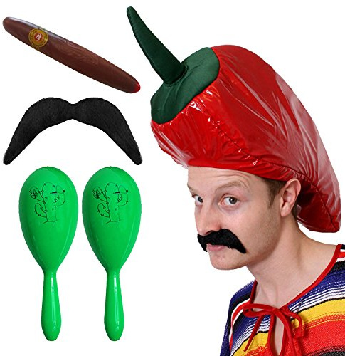 MEXIKANER PARTY VERKLEIDUNGS SET = PERFEKT FÜR JEDE MEXICO PARTY = BEINHALTET- 1 ROTENEN CHILLI PEPPER HUT + EINE RIESEN PLASTIK ZIGARRE + 1 SELBSTKLEBENDEN SCHNÄUTZER + 2 GRÜNE MARACAS