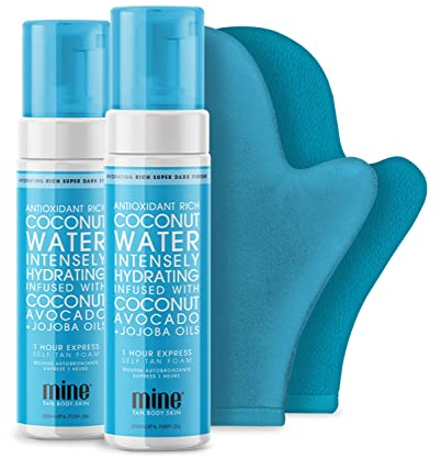MineTan Selbstbräunungs-Set aus Kokosnuss mit 2 selbstbräunenden Schaumstoffen, Applikator-Handschuhen und Peeling-Handschuhen für makellose, dunkle Bronze-Ergebnisse