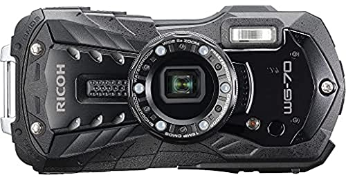 RICOH WG-70 wasserdichte Kamera Hochauflösende Bilder mit 16 MP Wasserdicht bis 14 m Stoßfest bis Fallhöhe von 1,6 m Unterwassermodus Ring mit 6-LEDs für Makroaufnahmen, Schwarz
