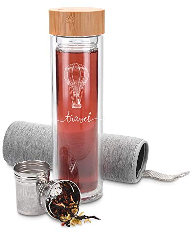 Navaris Bouteille de Thé en Verre - Gourde avec Infuseur en INOX pour Sachet et Fruits - Bouteille Double Paroi Verre - Transport de Boissons - 450mL