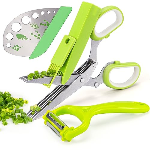 VlBlRlIT2025 Upgraded Herb Scissor,Leaf Stripper,Stainless Steel 5Blade Kitchen Scissors,Peelers for Kitchen,forChopping Chive,Vegetables,Salad,collard Greens,Parsley,Rosemary As Christmas gifts Green