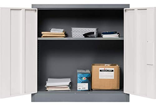 The Workplace Depot Metal Storage Cabinet – Contemporary Lockable Steel Cupboard with Adjustable Interior Shelf, 900H x 900W x 450D mm – Durable, Secure - Perfect for Offices & Workspaces (Grey)