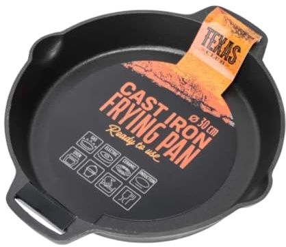 TEXAS CLUB Large Cast Iron Frying Pan 30cm - Frying Pan with Metal Handle for Grill and Barbecue