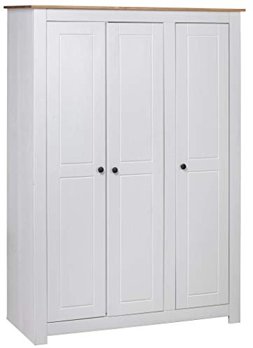 Susany Kleiderschrank Schlafzimmerschrank Mit 3 Türen,Dielenschrank 4 Ablagen 1 großen Fach & Kleiderstange,Designschrank Garderobenschrank 118 × 50 171,5 cm,Kiefer-Massivholz, Weiß