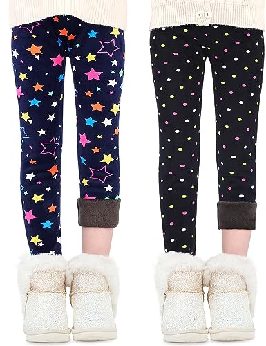 Domee Leggings Térmicos Pantalones Invierno Forro Polar Niña Pack de 2 Estrellas De Colores + Puntos De Colores 6-7 años (Talla del Fabricante 130)
