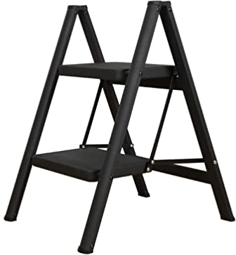 BAOYOUNI Escalera 2 Peldaños Taburete Plegable con Pedal Ancho Antideslizante Escalones Domestica Ligera y Portátil Multifunción para Hogar, Cocina, Oficina, Exteriores, Adultos, Negra