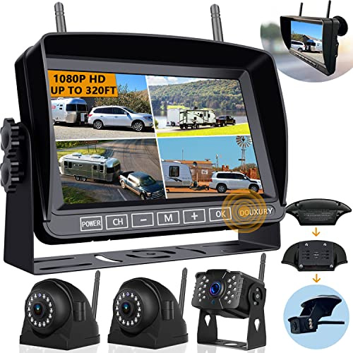 Wireless Reversing Camera for RV Truck Trailer Camper Digital 3 Rear/Side View Cameras & HD 1080P 4 Split 7 Screen with Adapter for Furrion Pre-Wired Night Vision IP69 Waterproof 170° Wide View Angle