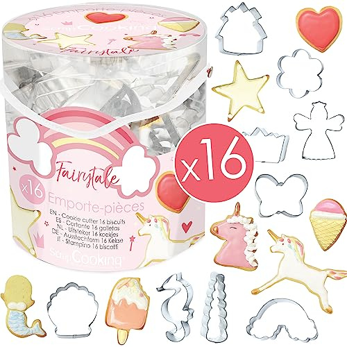 ScrapCooking – Secchio da 16 stampi Fairytale – Taglierina per biscotti in metallo – Stampi piccoli dolci – unicorno, stella, sirena, idea regalo pasticceria ragazza principessa compleanno – 2027