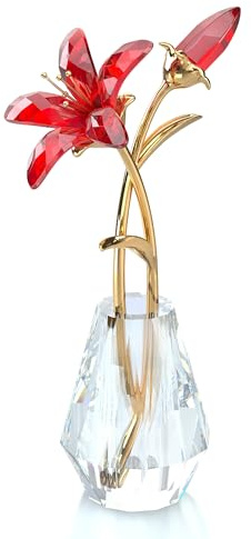 Kristallrote Lilien-Figuren, Metallstiel mit Vase, Glasblumen-Dekor