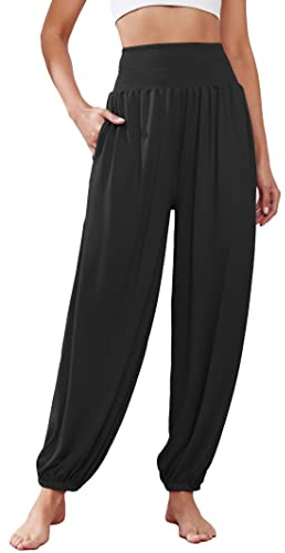 Famulily Pantaloni harem, da donna, a vita alta, per yoga, allenamento, elasticizzati, taglie S-XXL, Nero , XXL