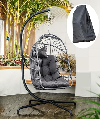 Indoor Outdoor Egg Chair with Stand and Oxford Cover 440lbs Capacity Folding Patio Wicker Hanging Swing Chair Dark Gray