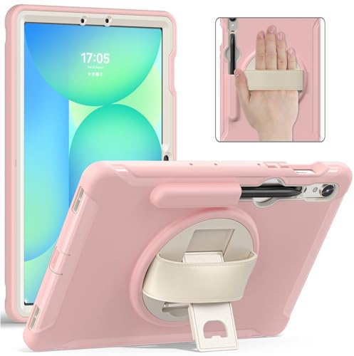 Junfire Schutzhülle für Galaxy Tab S10 Lite/S10 FE/S9 FE 5G/S9 mit Stylus-Halter, Samsung Tab 11 Zoll / 11 Zoll, stoßfeste Abdeckung mit 360° drehbarem Ständer/Handschlaufe, Rosa