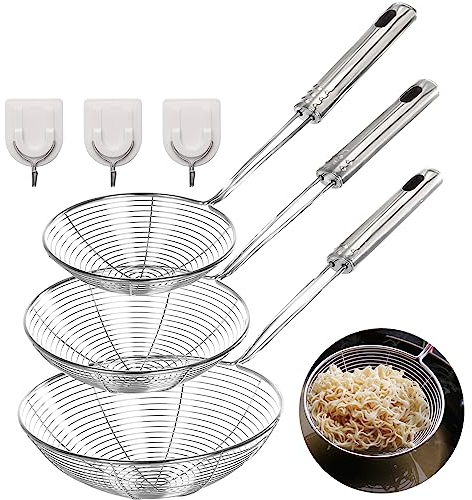 3 cucharas espumosas profesionales de acero inoxidable, 3 paletas de espuma de 33,5 cm/37,5 cm/40 cm, colador de cocina con largo para evitar salpicaduras, escurrir, para patatas fritas, pasta