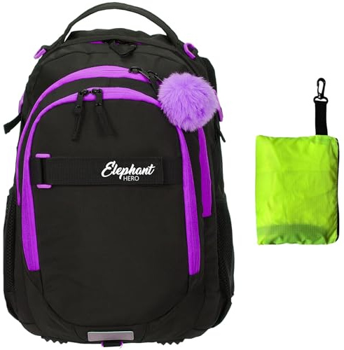 Elephant Schulrucksack Hero Rucksack mit Regenhülle 13015 Tiff Lila +r | Signature Schultasche Schulmappe + Regencover Daypack Mädchen Jungen Schwarz Violett