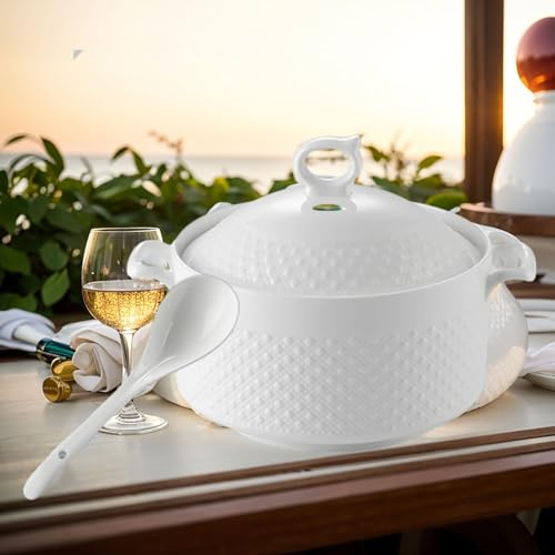 Generic Ceramic Soup Tureen with Lid and Spoon - Floral Pattern for Restaurants Home Parties Kitchen - Compact Microwave Tableware