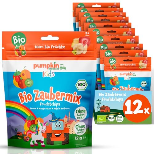 Pumpkin Organics gefriergetrocknete Bio Zaubermix Fruchtchips (12er Pack) aus 100% Bio Zutaten - Kindersnack (3+ Jahre) ohne Zuckerzusatz¹ und im praktischen wiederverschließbaren Beutel (12x12g)