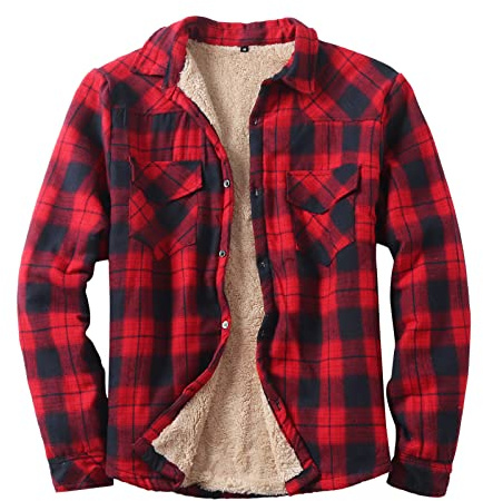 Herren Gepolsterte Holzfällerjacke Casual Langarm Karo Hemden Sherpa Fleece Gefüttert Flanellhemden Warm Winter Dicker Arbeitsmantel Knopfleiste Jacke mit Taschen Steppjacke