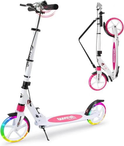 Scooter for Kids Ages 8+ Teens & Adults, Lightweight Kick Scooter with Carry Strap Adjustable Height Equipped with Front handbrake and Rear Brake, Big Sturdy PU Flash Wheels Great Gift & Toy (White)