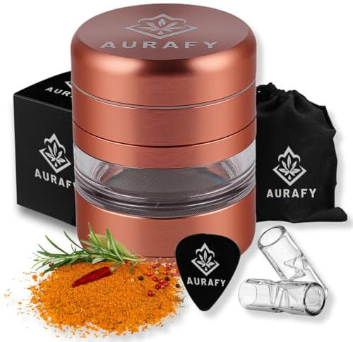 AURAFY Herb Grinder 5-Piece Manual Spice Grinder Mill Premium Aluminum Crusher with Curved Design, See-Through Window, Removable Screen, Glass Tips, Storage Bag & Picker Tool